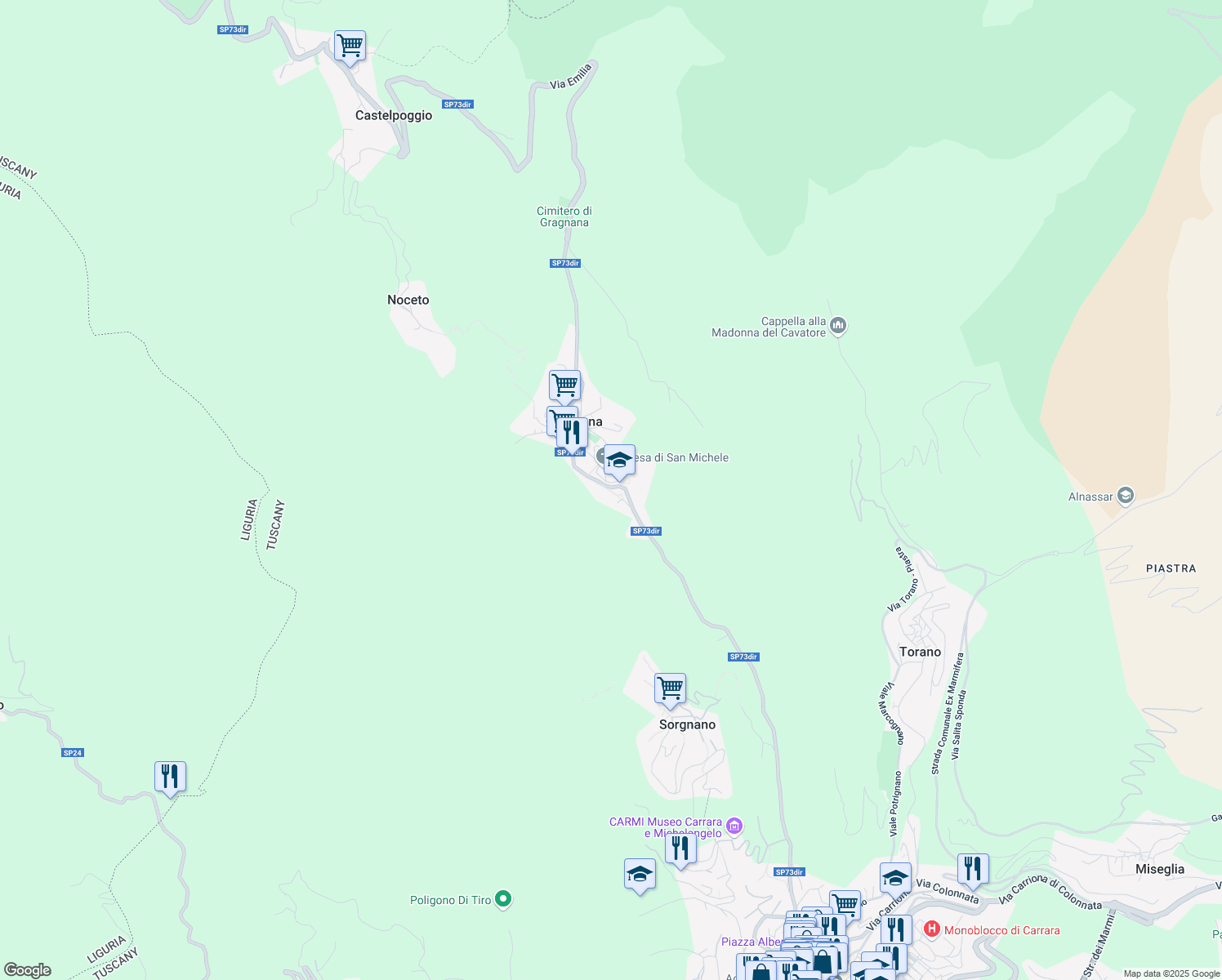 map of restaurants, bars, coffee shops, grocery stores, and more near 34 Via Gragnana in Gragnana