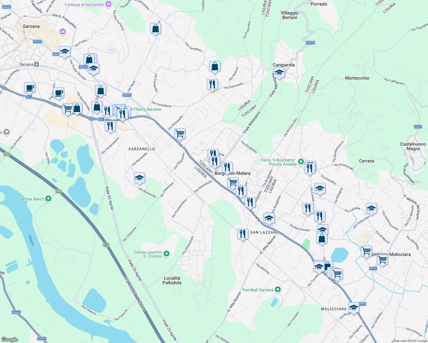 map of restaurants, bars, coffee shops, grocery stores, and more near 54 Strada Statale 1 in Borghetto-melara