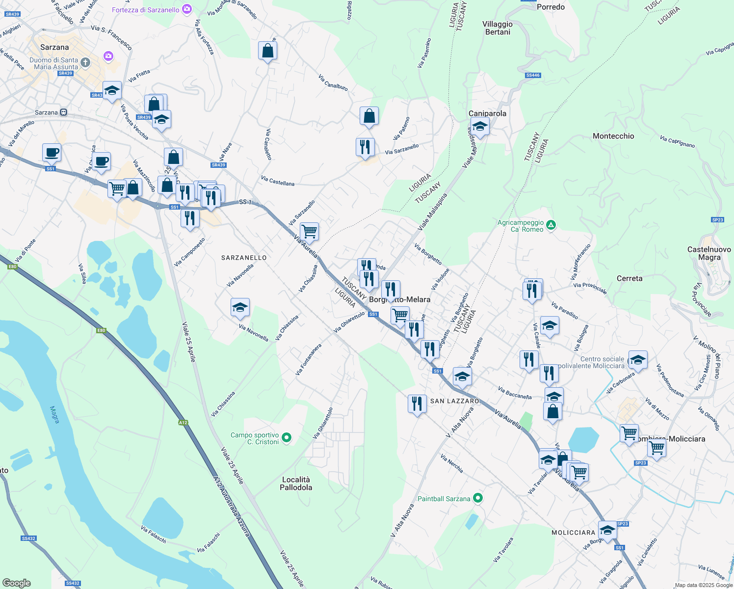 map of restaurants, bars, coffee shops, grocery stores, and more near 54 Via Aurelia in Borghetto-melara