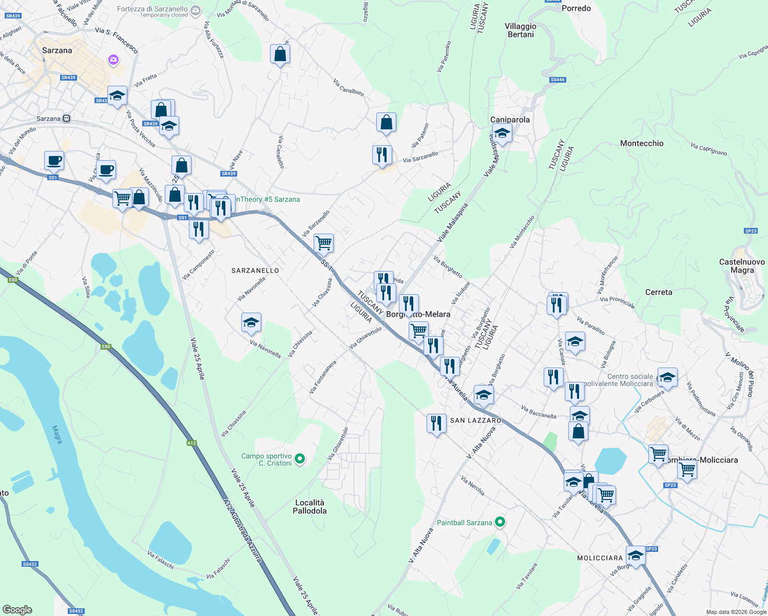 map of restaurants, bars, coffee shops, grocery stores, and more near 54 Via Aurelia in Borghetto-melara