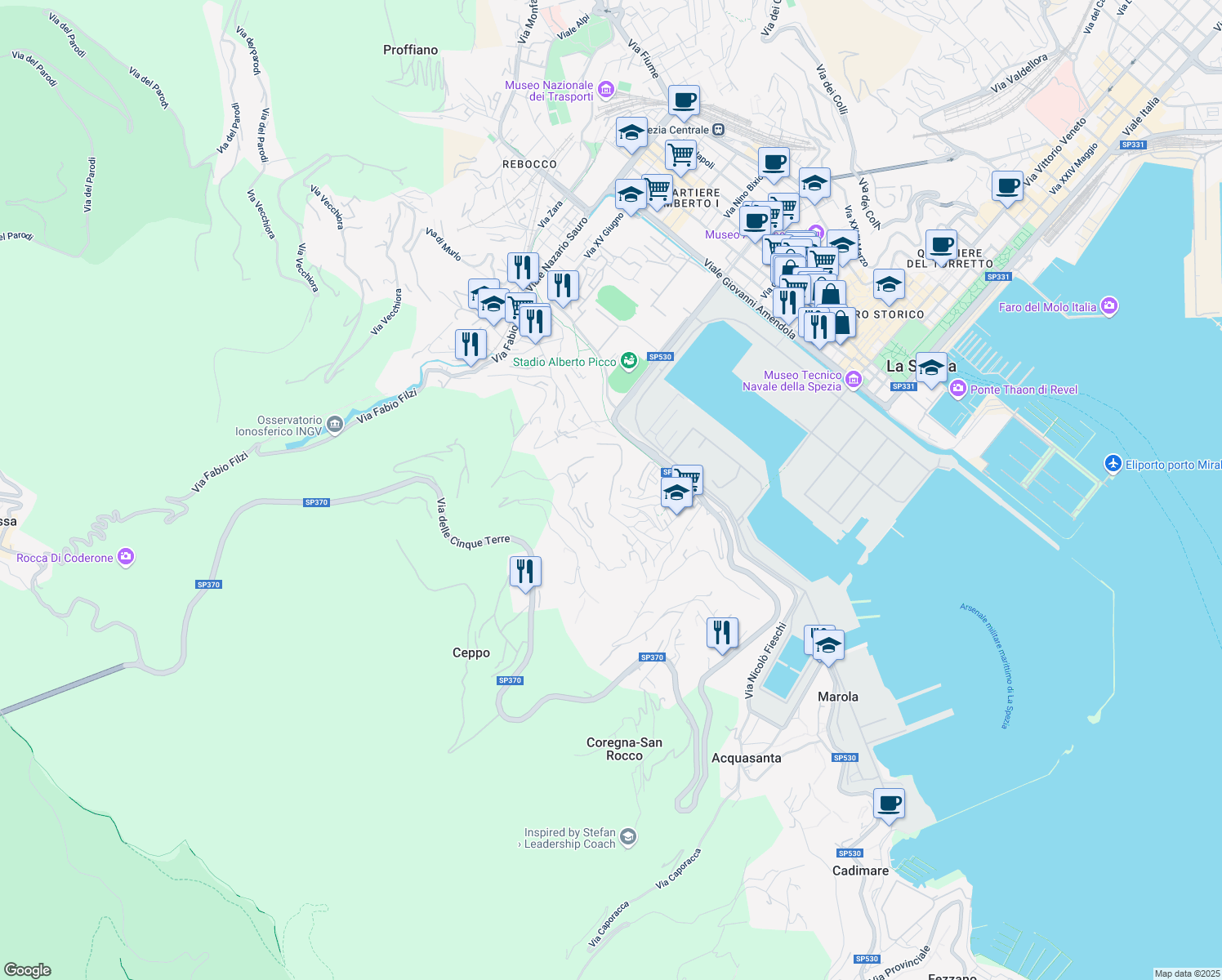 map of restaurants, bars, coffee shops, grocery stores, and more near 89 Via Paverano in La Spezia