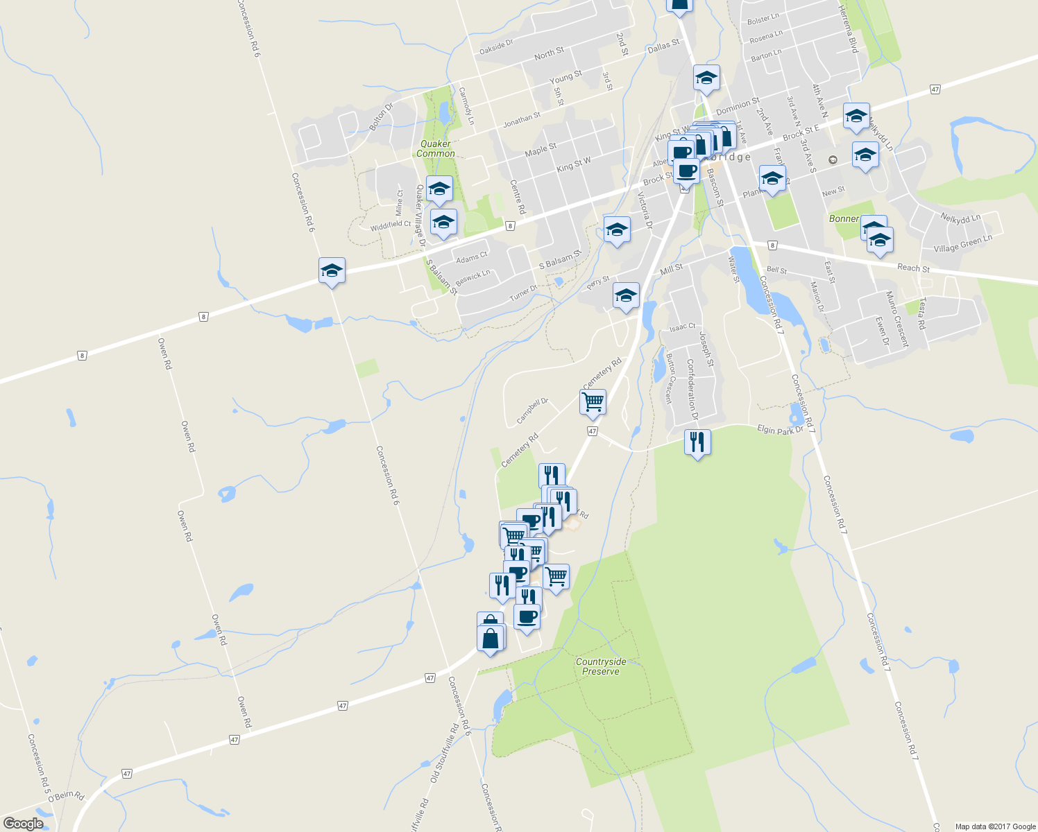 map of restaurants, bars, coffee shops, grocery stores, and more near 55 Campbell Drive in Uxbridge