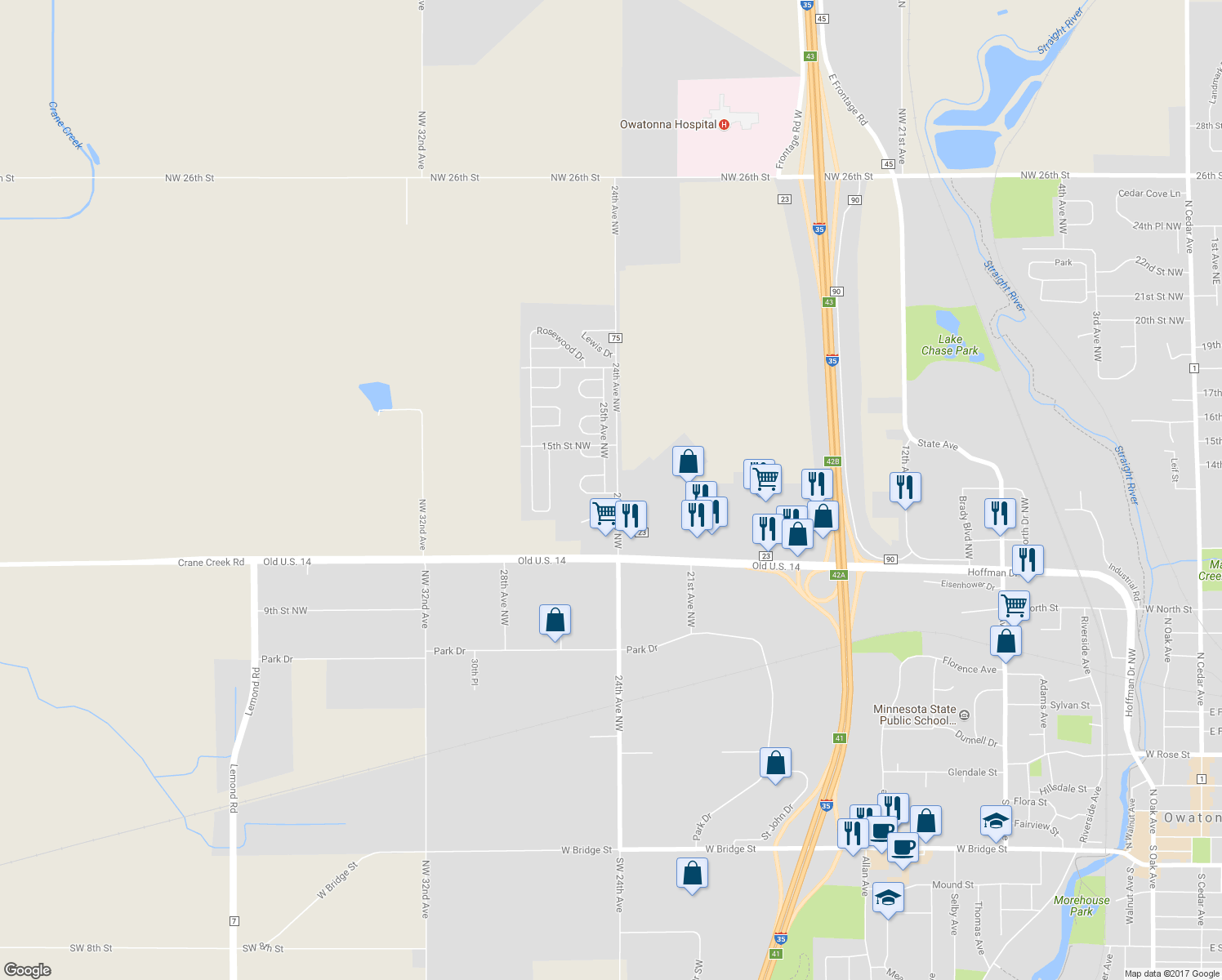 map of restaurants, bars, coffee shops, grocery stores, and more near 2 Clark Drive in Owatonna