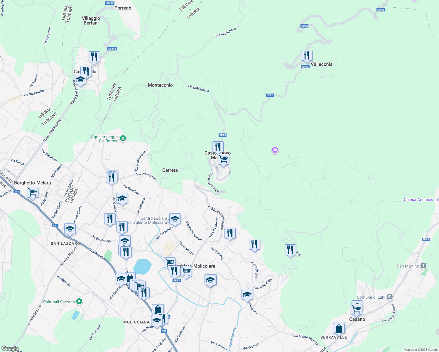 map of restaurants, bars, coffee shops, grocery stores, and more near Strada Provinciale 23 in Castelnuovo Magra