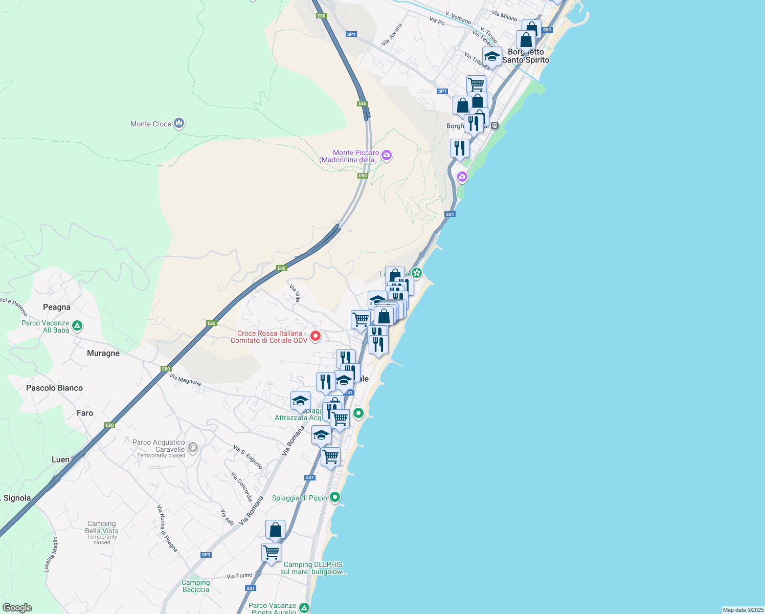 map of restaurants, bars, coffee shops, grocery stores, and more near 18 Strada Statale 1 Variante Aurelia di La Spezia in Ceriale