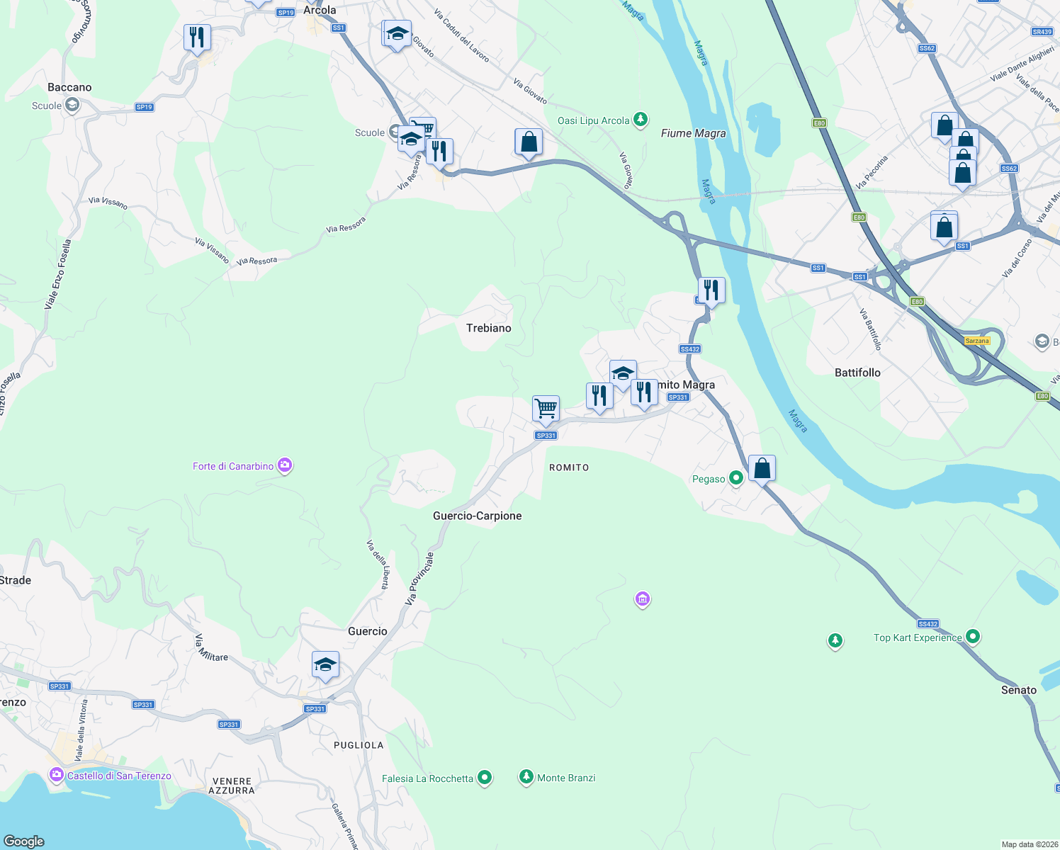 map of restaurants, bars, coffee shops, grocery stores, and more near 6 Via Ragnara in Romito Magra