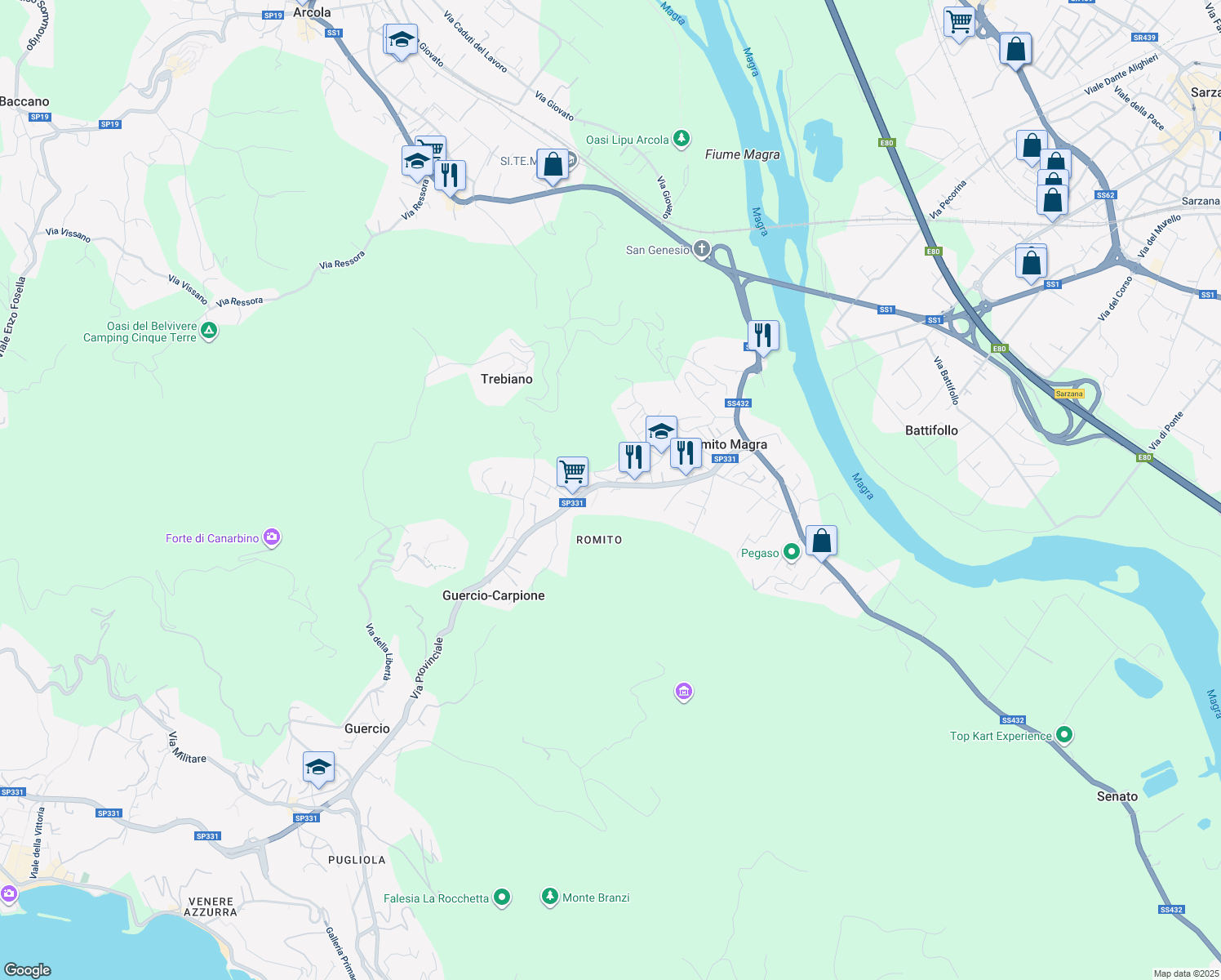 map of restaurants, bars, coffee shops, grocery stores, and more near 316 Via Provinciale in Romito Magra
