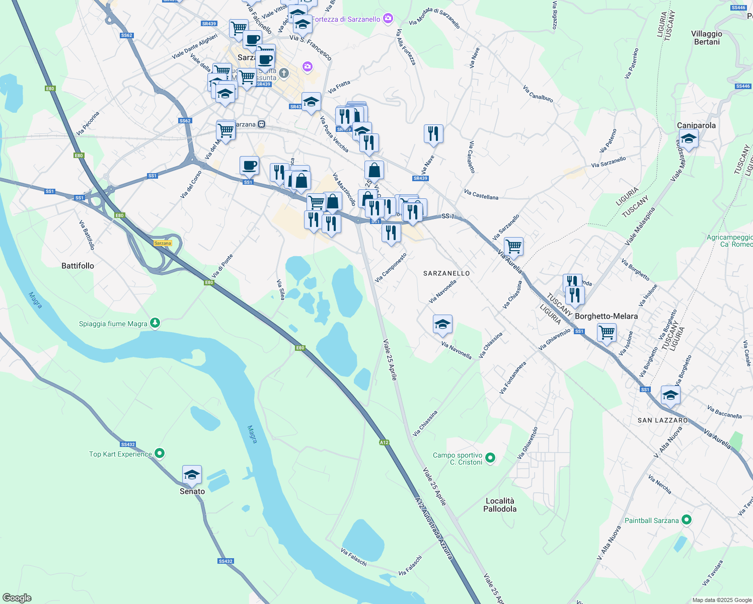 map of restaurants, bars, coffee shops, grocery stores, and more near Viale XXV Aprile in Sarzana
