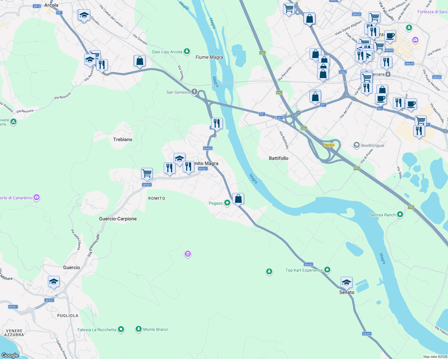 map of restaurants, bars, coffee shops, grocery stores, and more near 7 Via Ameglia Vecchia in Romito Magra