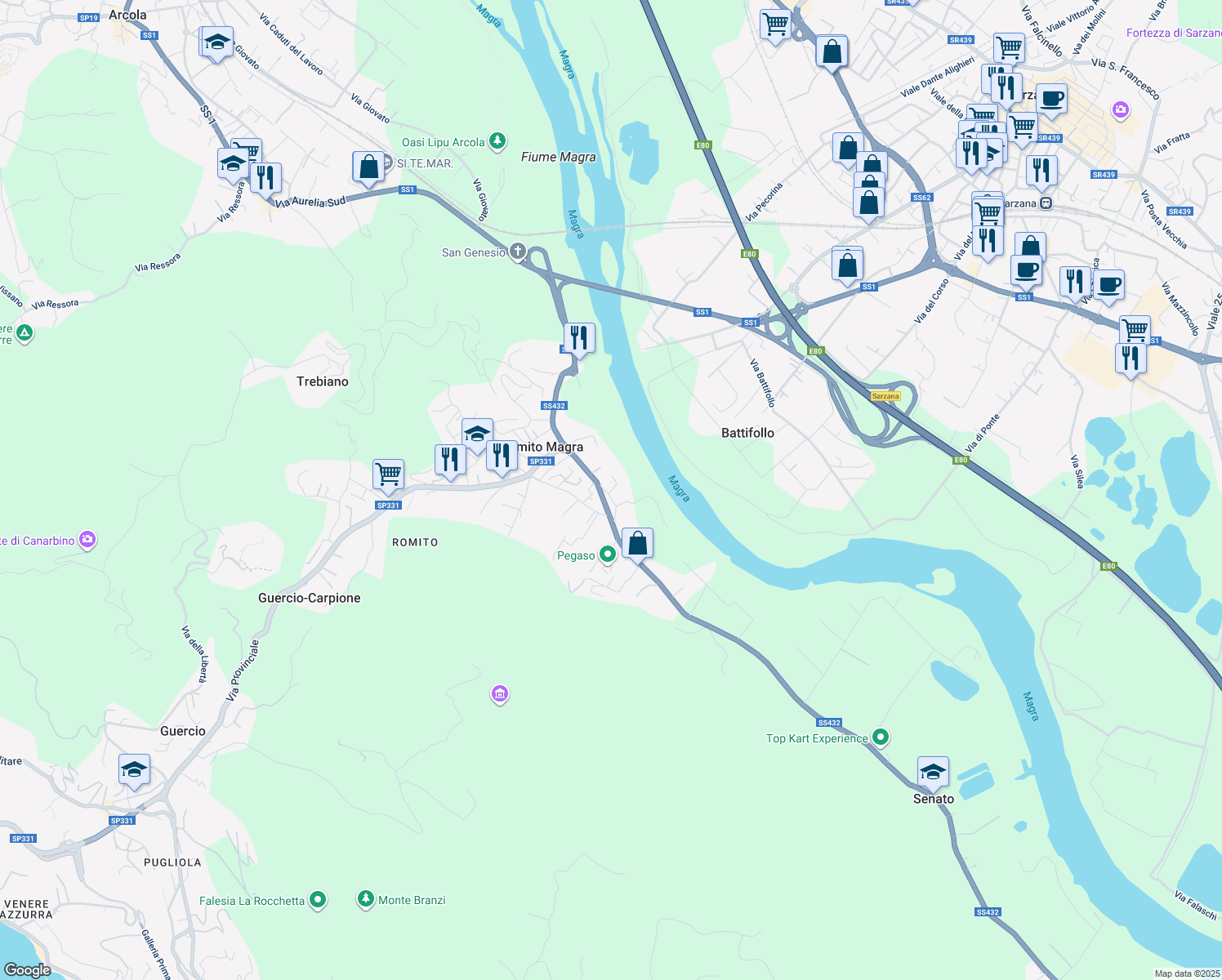 map of restaurants, bars, coffee shops, grocery stores, and more near 7 Via Ameglia Vecchia in Romito Magra