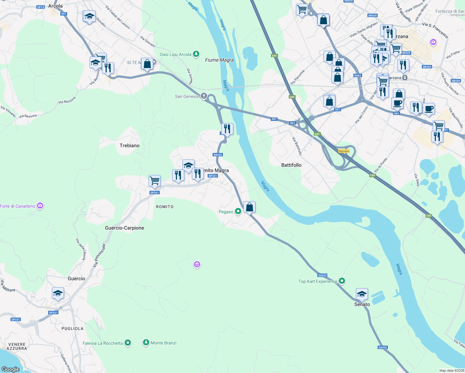 map of restaurants, bars, coffee shops, grocery stores, and more near 9/a Via Calesana in Romito Magra