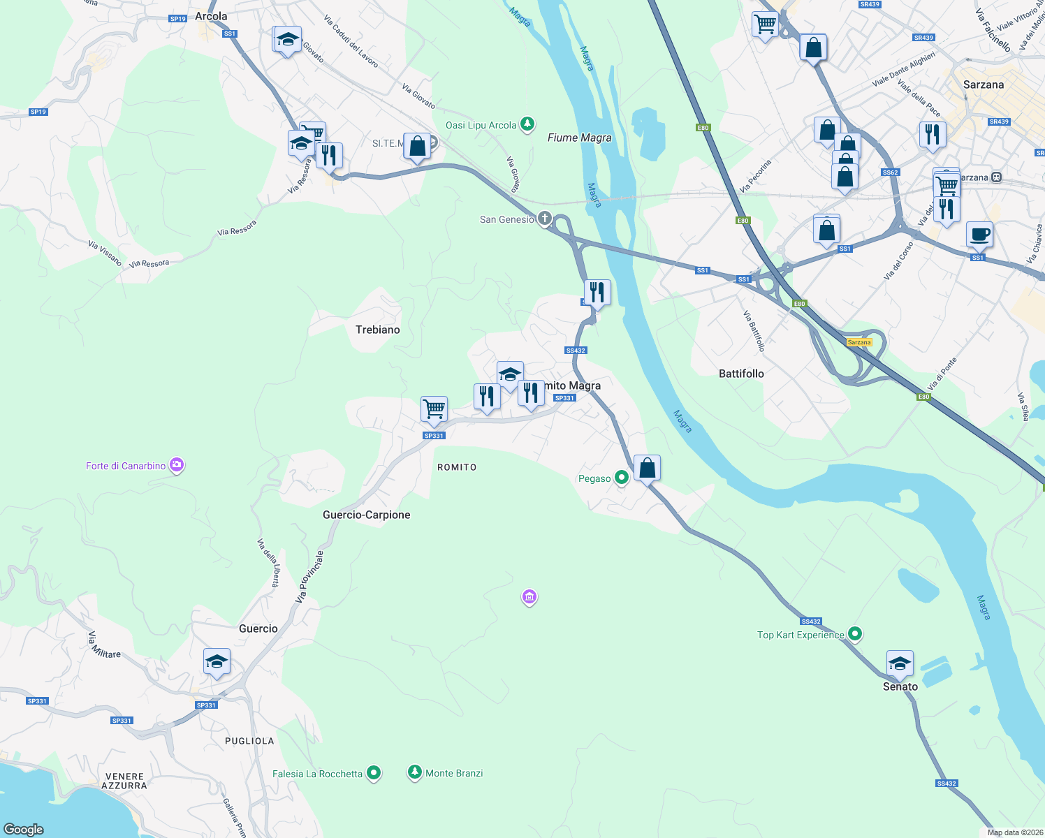 map of restaurants, bars, coffee shops, grocery stores, and more near in Romito Magra
