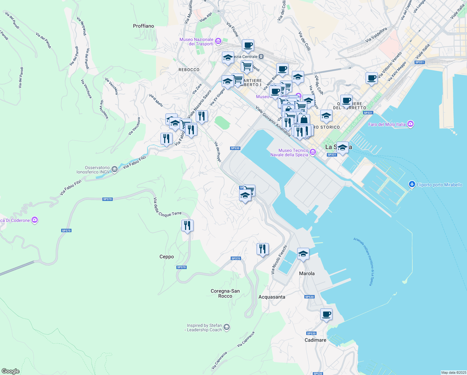 map of restaurants, bars, coffee shops, grocery stores, and more near 3 Via Sant'Antonio Maria Gianelli in La Spezia