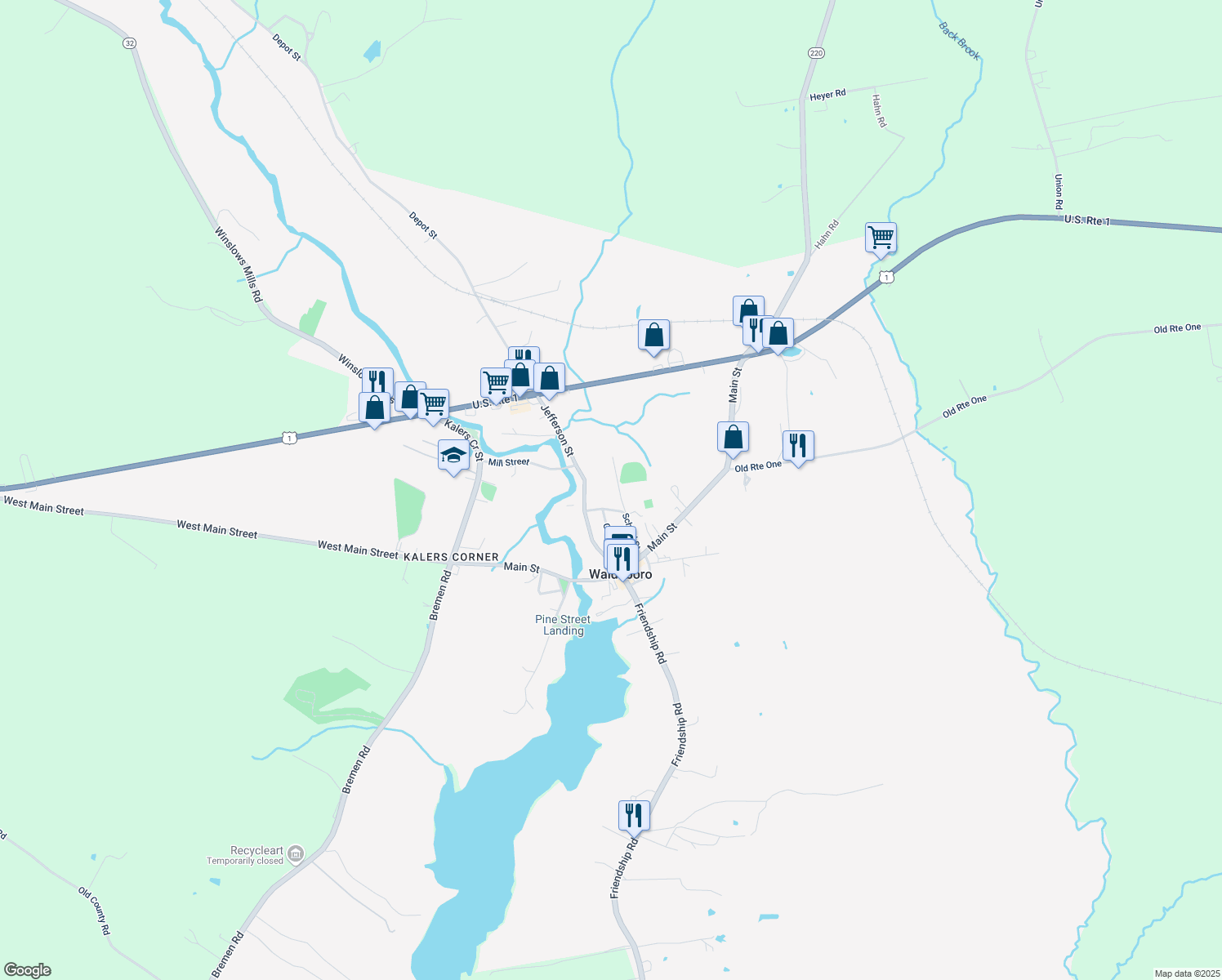 map of restaurants, bars, coffee shops, grocery stores, and more near 32 Philbrook Ln in Waldoboro