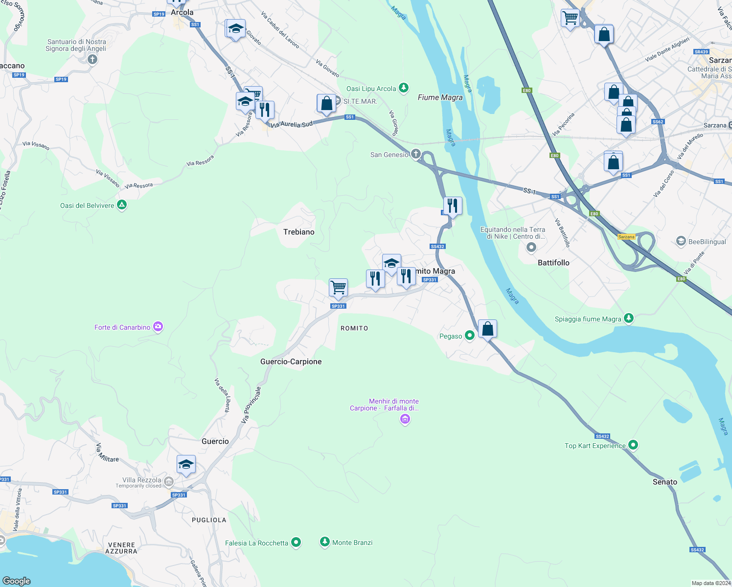 map of restaurants, bars, coffee shops, grocery stores, and more near 316 Via Provinciale in Romito Magra