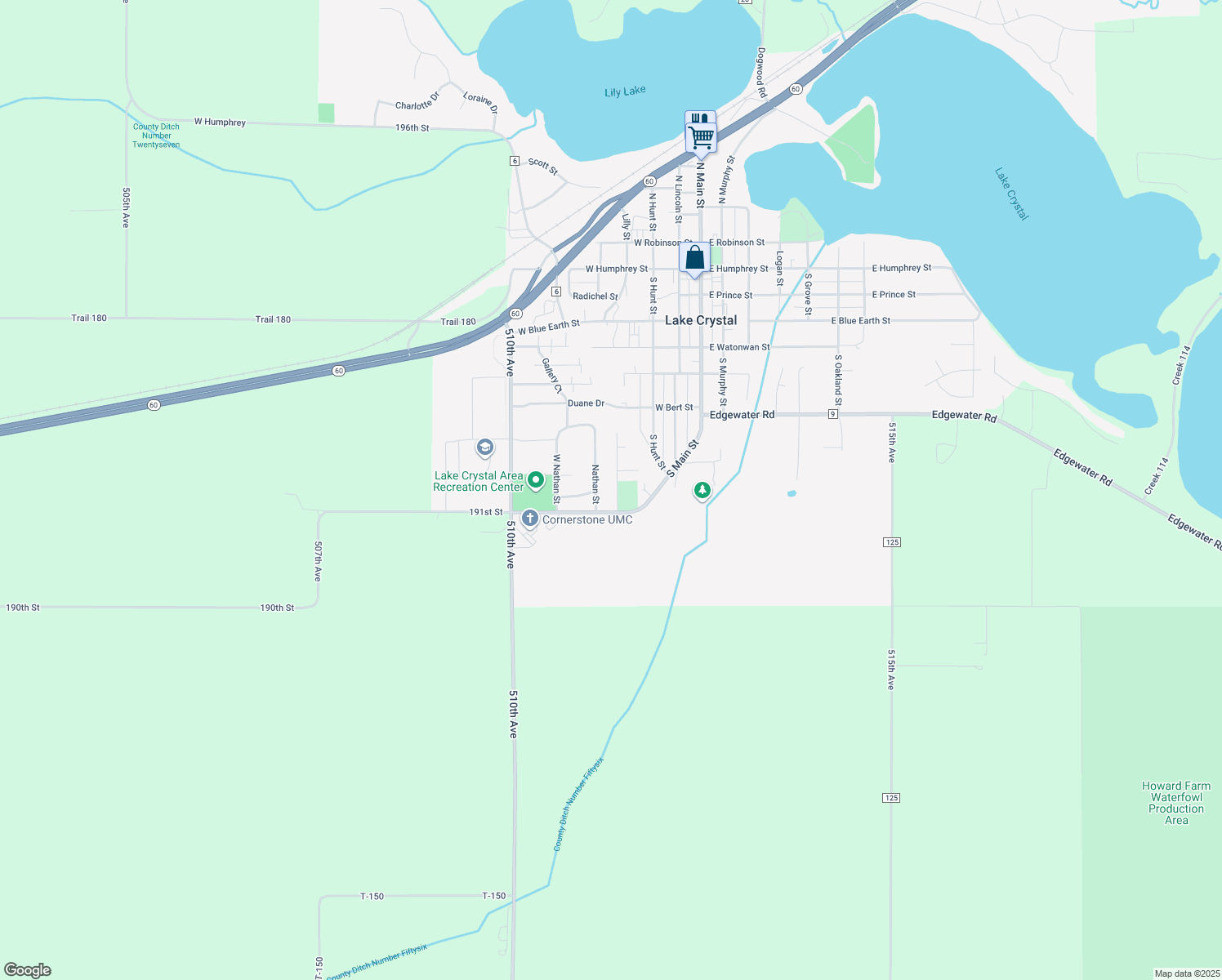 map of restaurants, bars, coffee shops, grocery stores, and more near 4 Colwyn Way in Lake Crystal