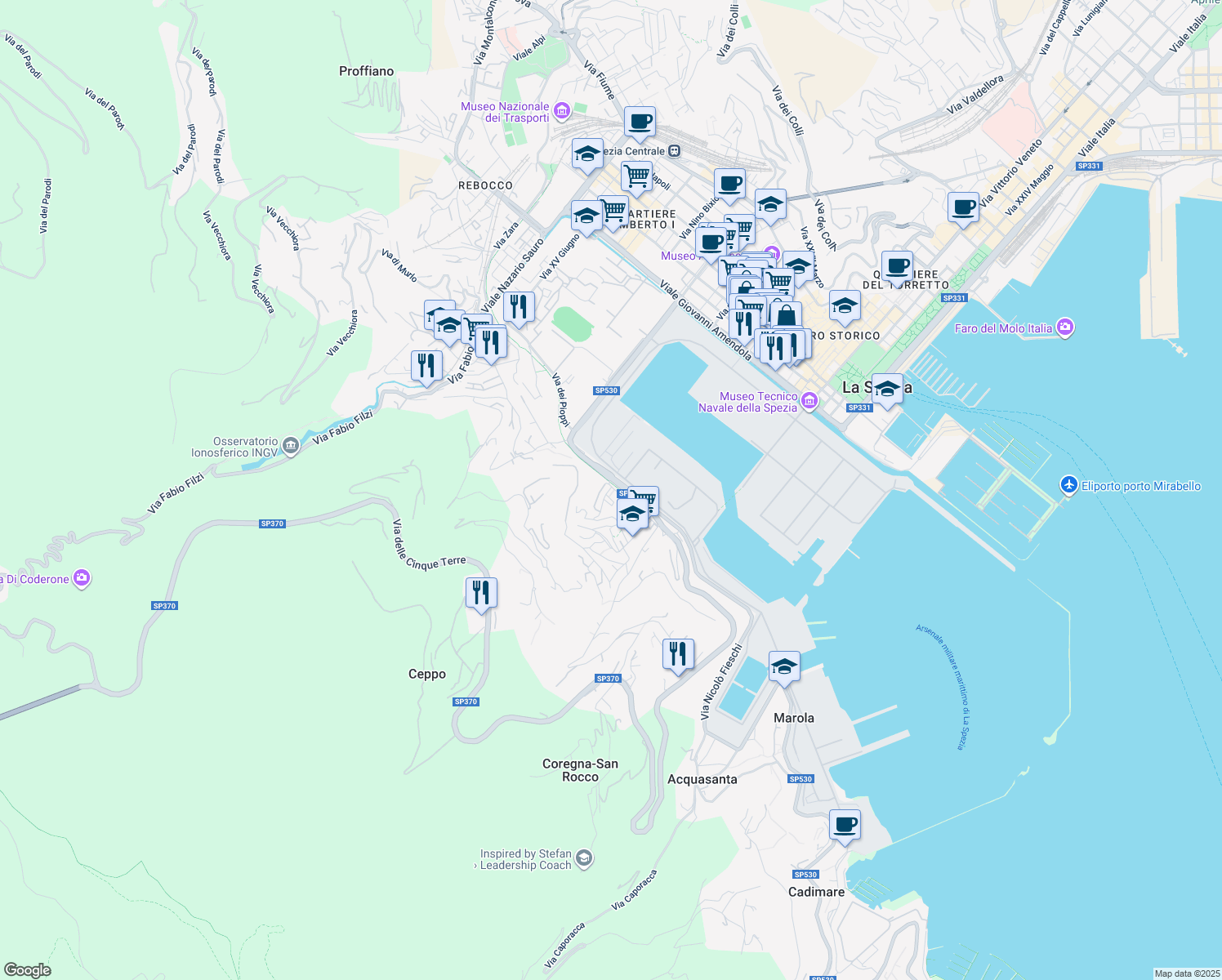 map of restaurants, bars, coffee shops, grocery stores, and more near 3 Via Sant'Antonio Maria Gianelli in La Spezia