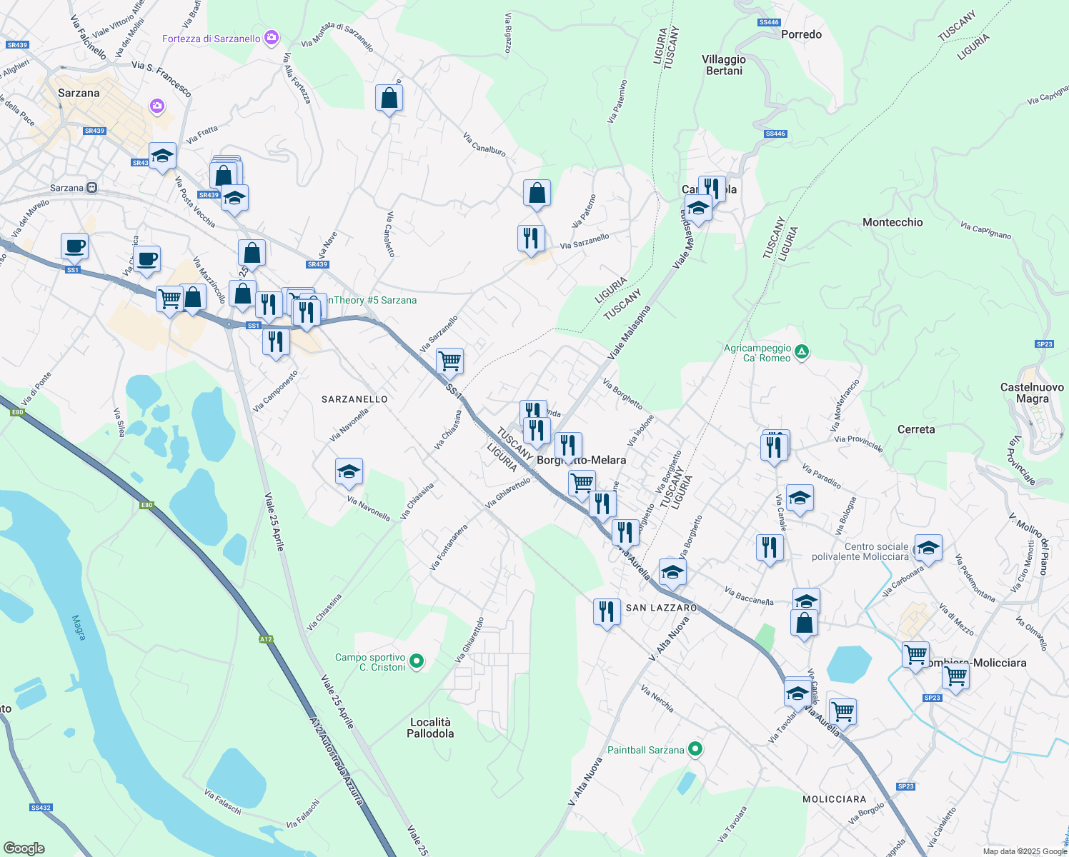 map of restaurants, bars, coffee shops, grocery stores, and more near 33 Viale Malaspina in Borghetto-melara
