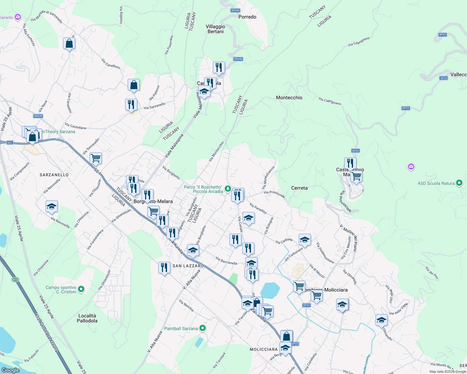 map of restaurants, bars, coffee shops, grocery stores, and more near 23 Via Montecchio in Colombiera-molicciara