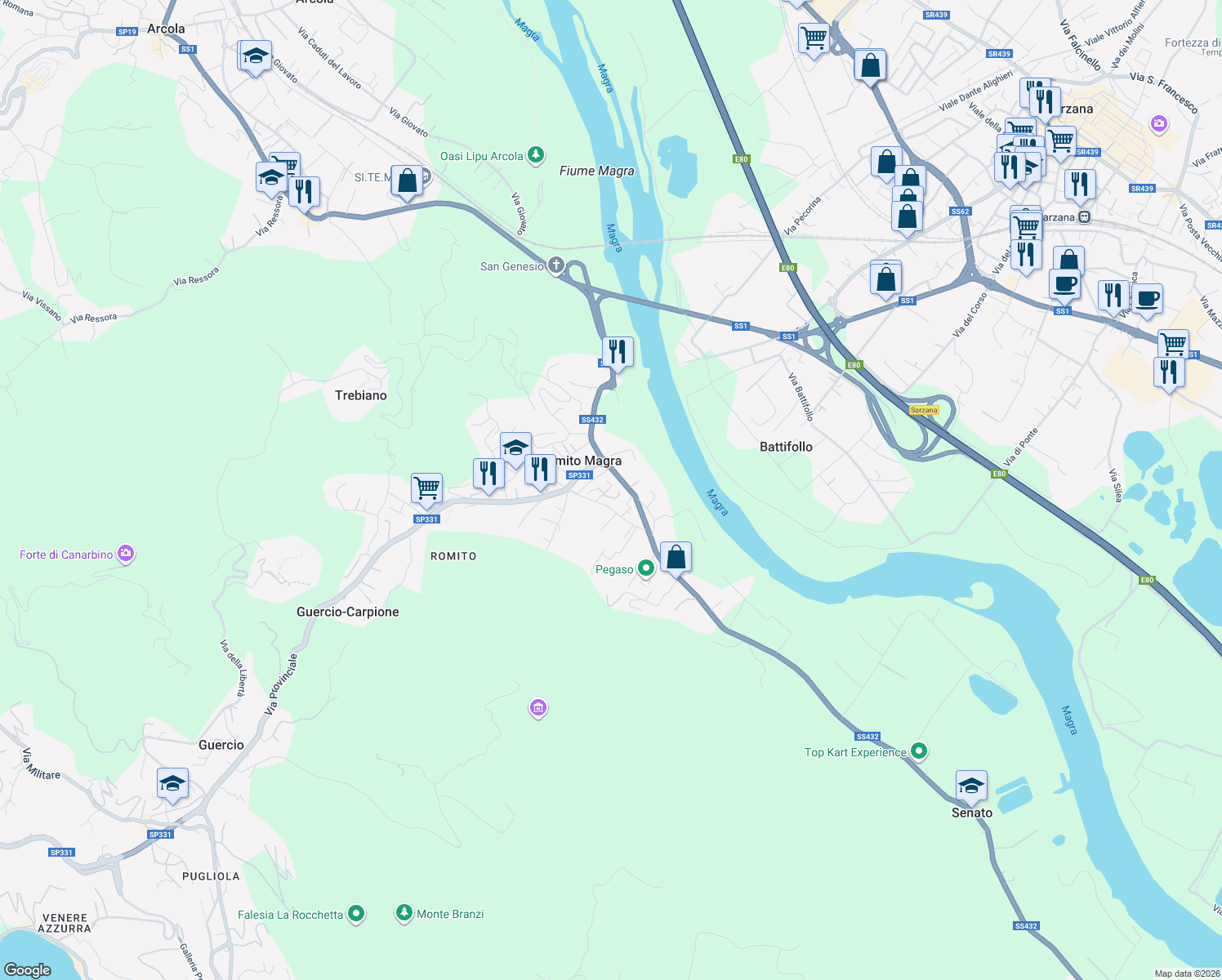 map of restaurants, bars, coffee shops, grocery stores, and more near 9 Via Calesana in Romito Magra
