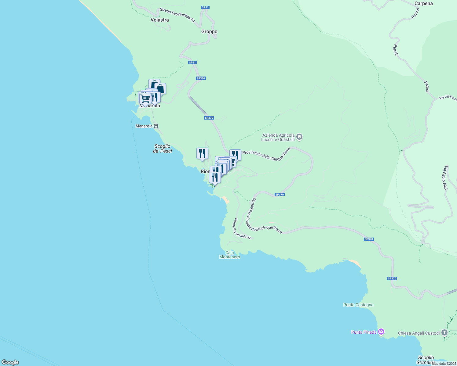 map of restaurants, bars, coffee shops, grocery stores, and more near in Riomaggiore
