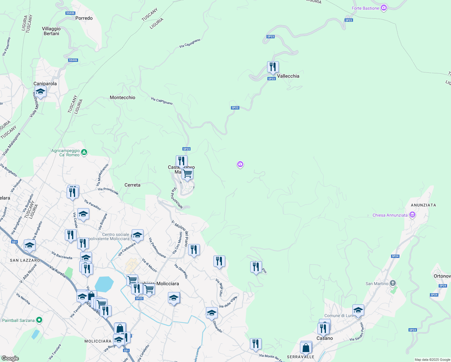 map of restaurants, bars, coffee shops, grocery stores, and more near Strada Provinciale 23 in Provincia della Spezia