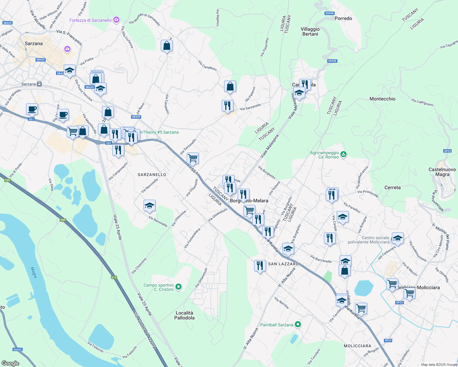 map of restaurants, bars, coffee shops, grocery stores, and more near 33 Viale Malaspina in Borghetto-melara