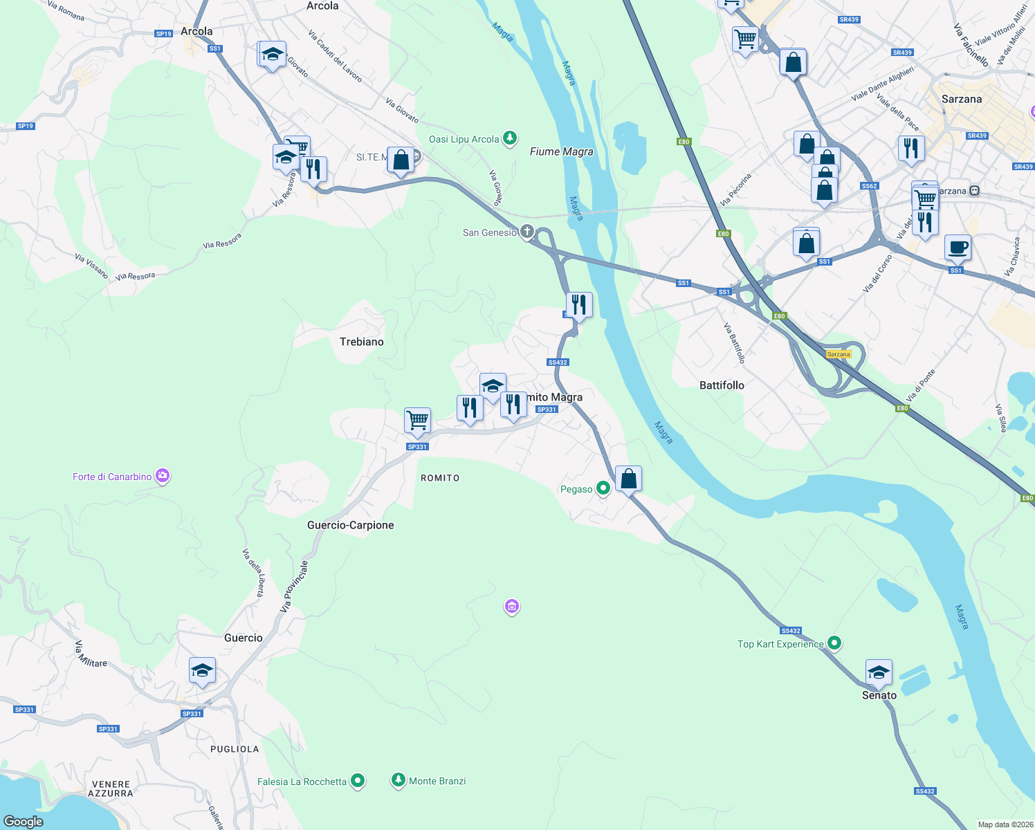 map of restaurants, bars, coffee shops, grocery stores, and more near in Romito Magra