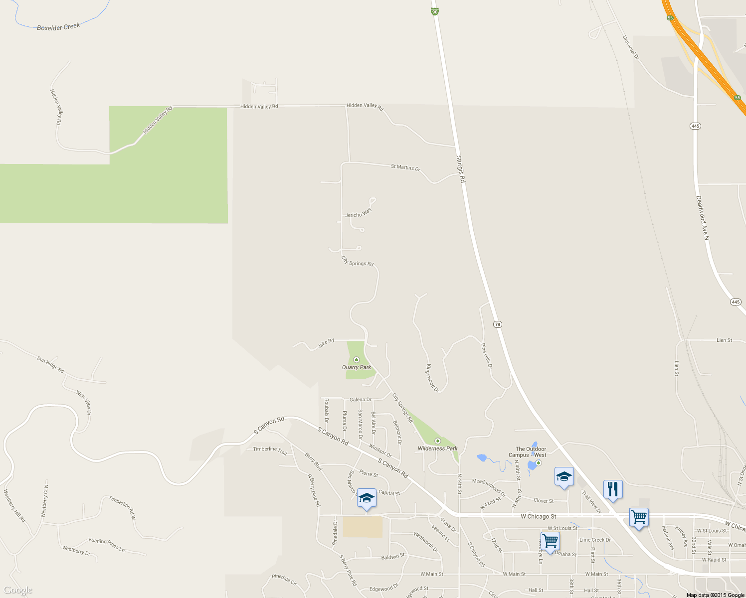 map of restaurants, bars, coffee shops, grocery stores, and more near City Springs Road in Rapid City