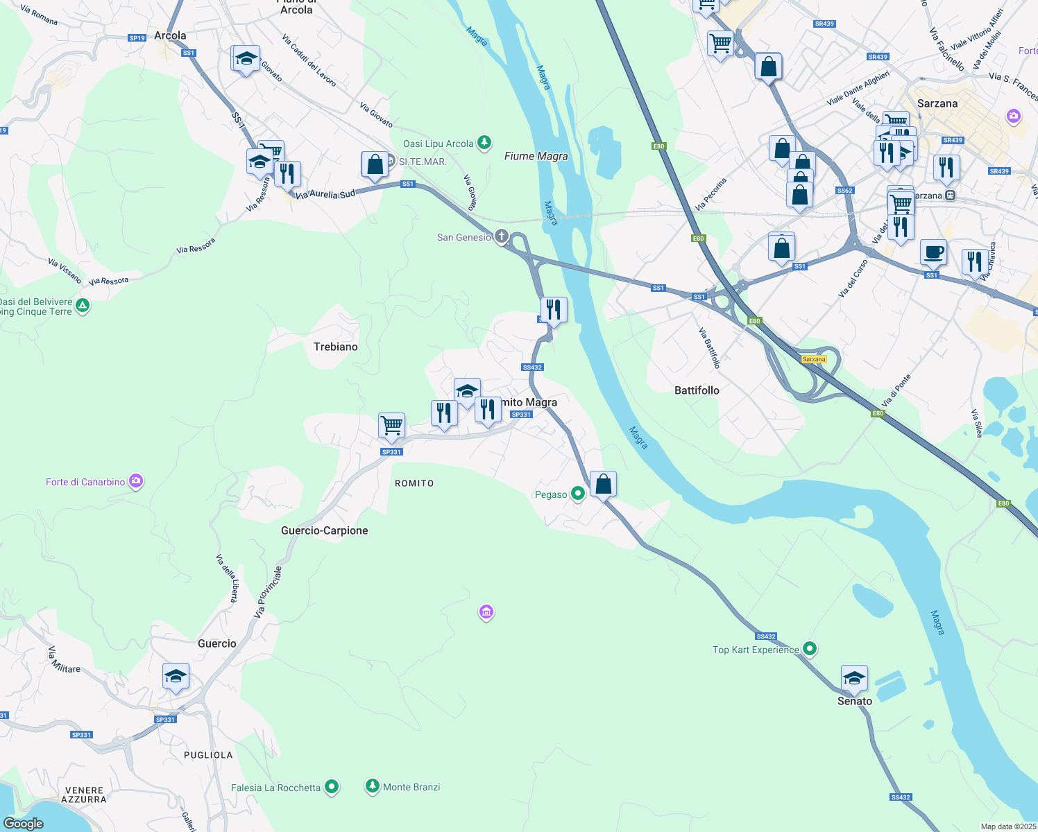 map of restaurants, bars, coffee shops, grocery stores, and more near 12 Via Gaggiola in Romito Magra