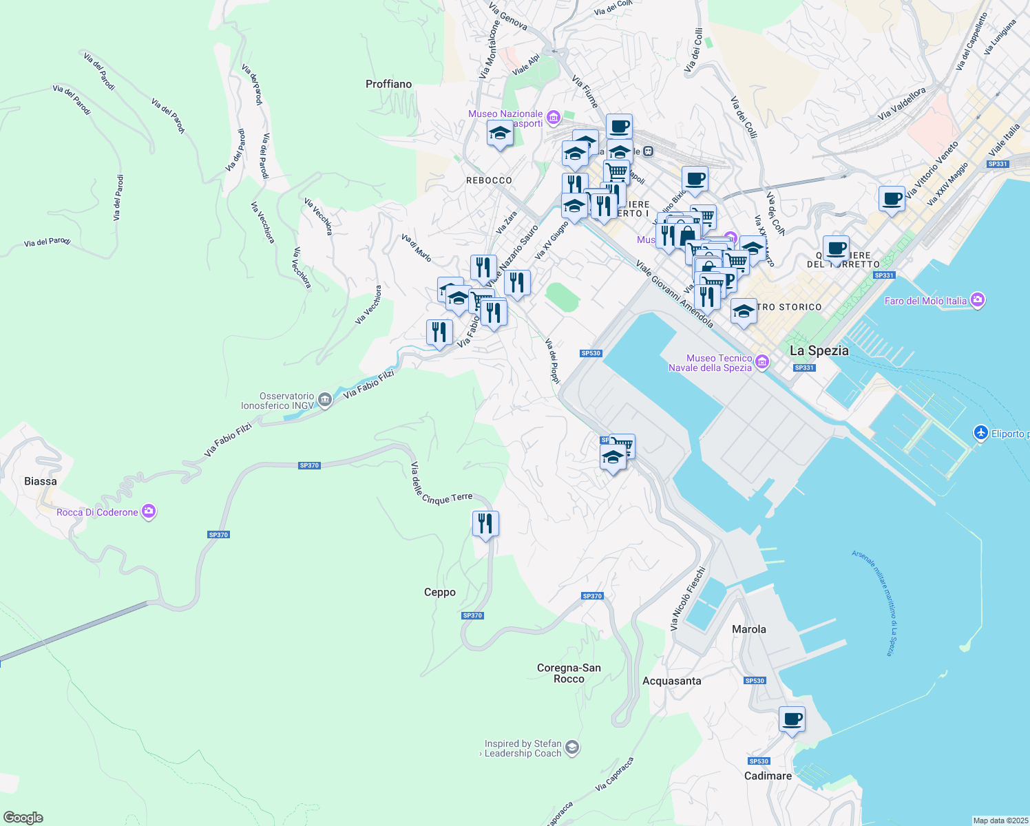 map of restaurants, bars, coffee shops, grocery stores, and more near 74 Via dei Buggi in La Spezia