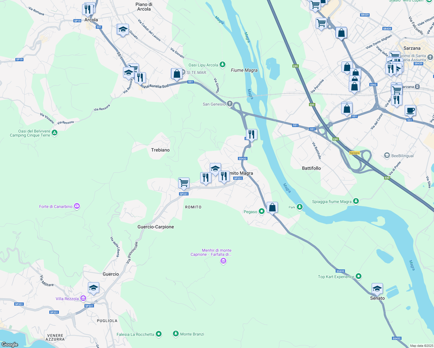 map of restaurants, bars, coffee shops, grocery stores, and more near 25 Via Gaggiola in Romito Magra