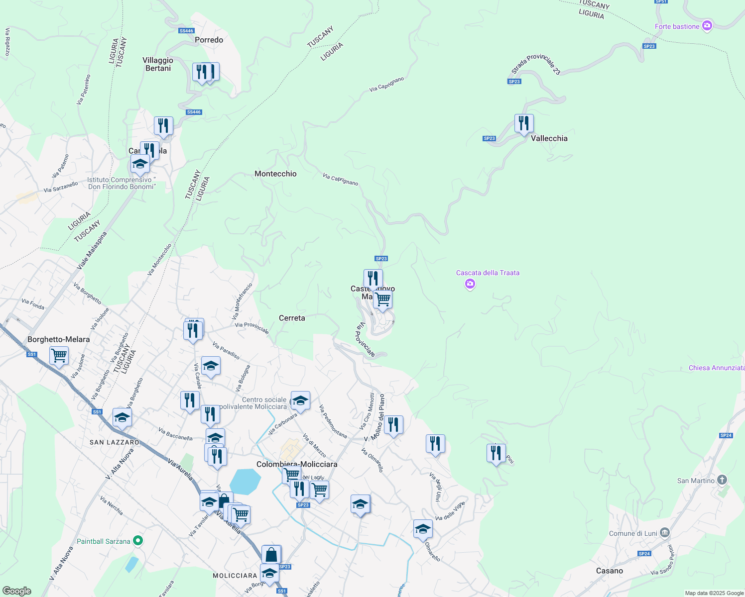 map of restaurants, bars, coffee shops, grocery stores, and more near Via C. Battisti in Castelnuovo Magra