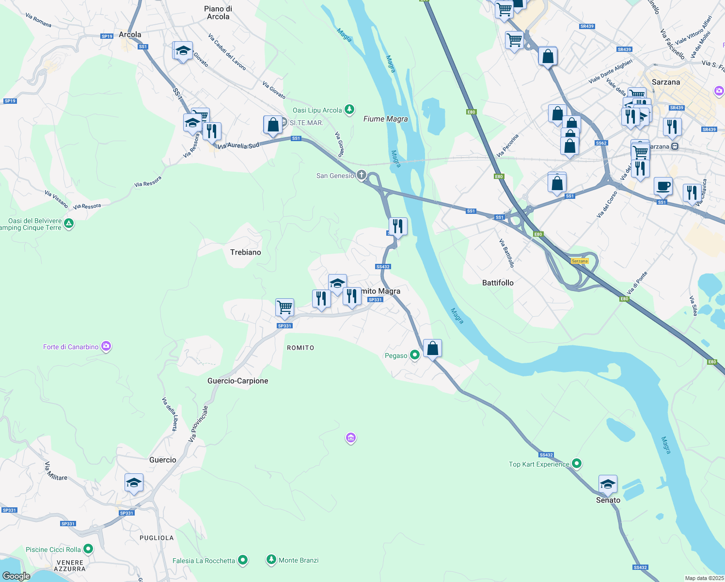map of restaurants, bars, coffee shops, grocery stores, and more near 12 Via Gaggiola in Romito Magra