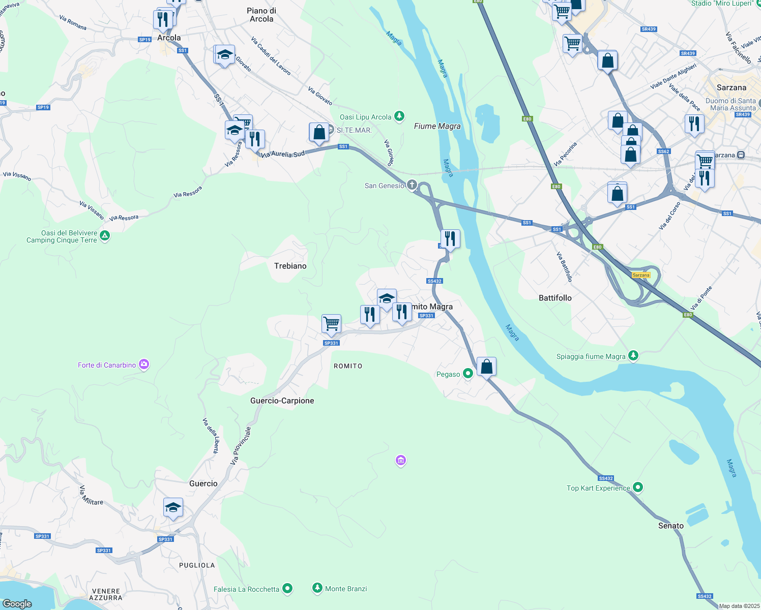 map of restaurants, bars, coffee shops, grocery stores, and more near 40 Via Canonica in Romito Magra