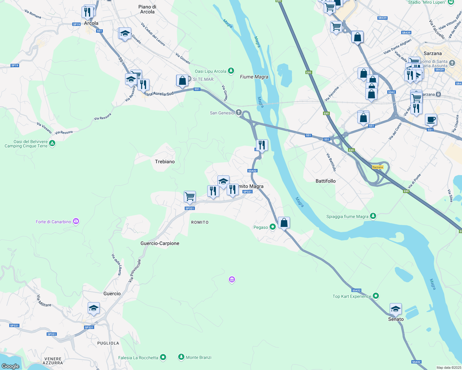 map of restaurants, bars, coffee shops, grocery stores, and more near 25 Via Gaggiola in Romito Magra