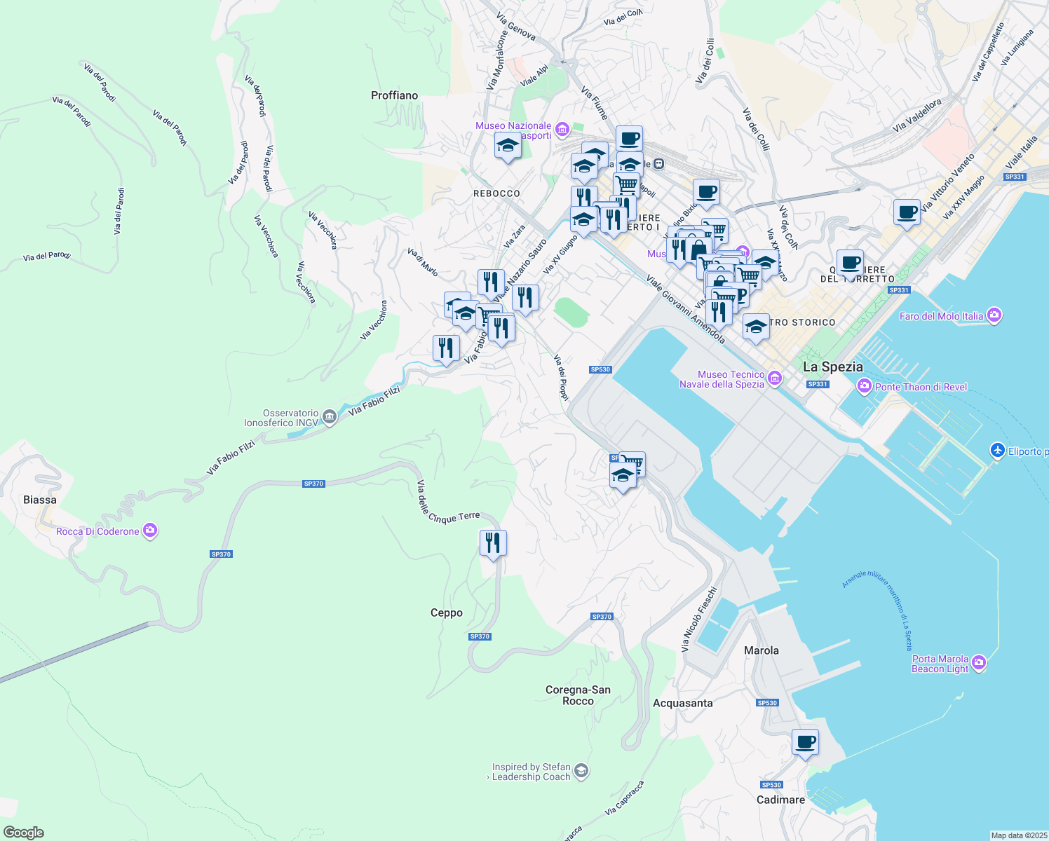 map of restaurants, bars, coffee shops, grocery stores, and more near 74 Via dei Buggi in La Spezia