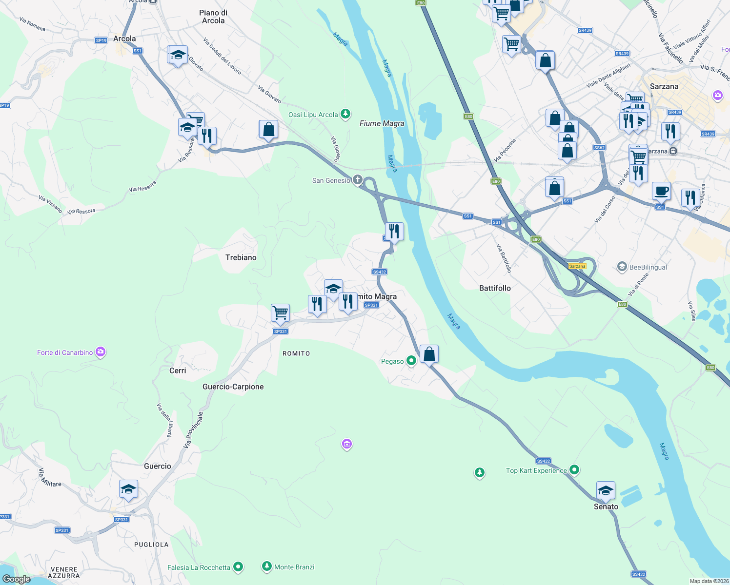 map of restaurants, bars, coffee shops, grocery stores, and more near 12 Via Gaggiola in Romito Magra