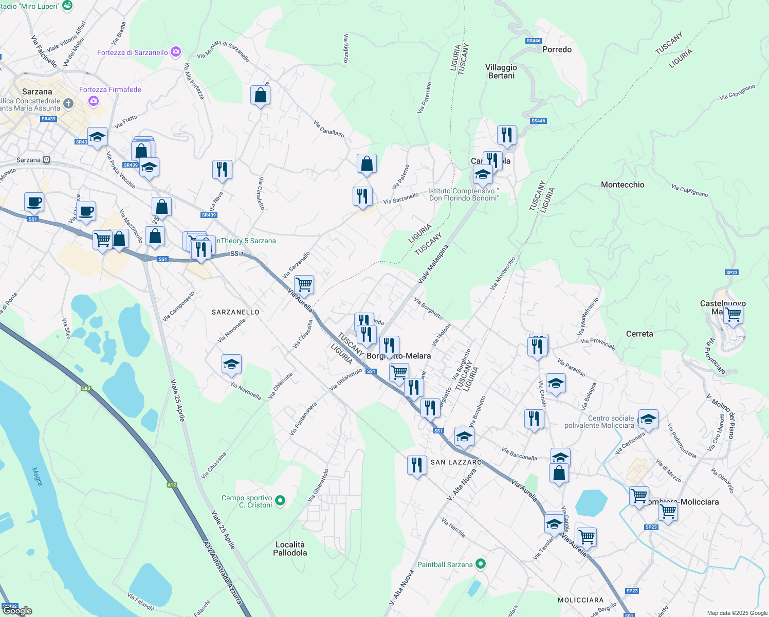 map of restaurants, bars, coffee shops, grocery stores, and more near 61 Viale Malaspina in Borghetto-melara