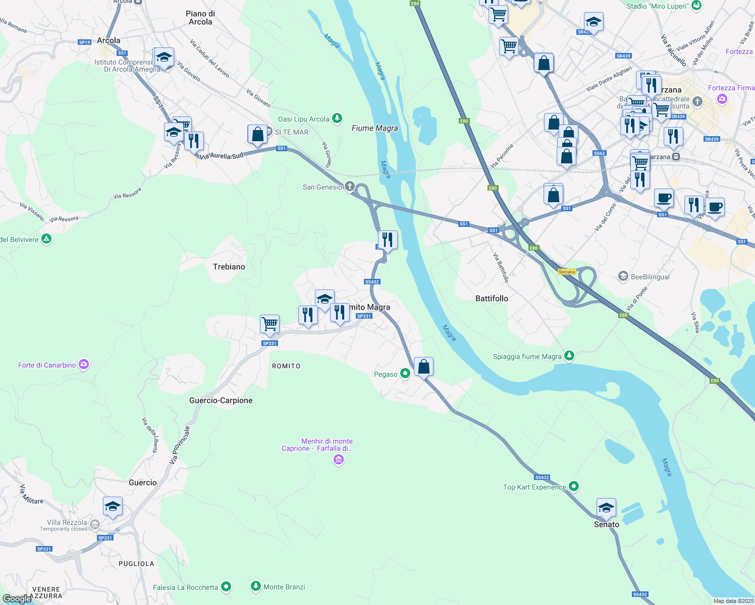 map of restaurants, bars, coffee shops, grocery stores, and more near 63 Via Provinciale in Romito Magra