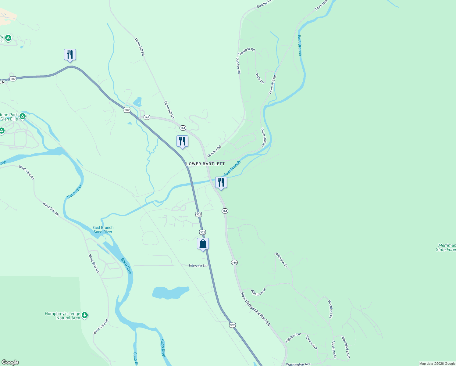 map of restaurants, bars, coffee shops, grocery stores, and more near 28 East Branch Road in Intervale
