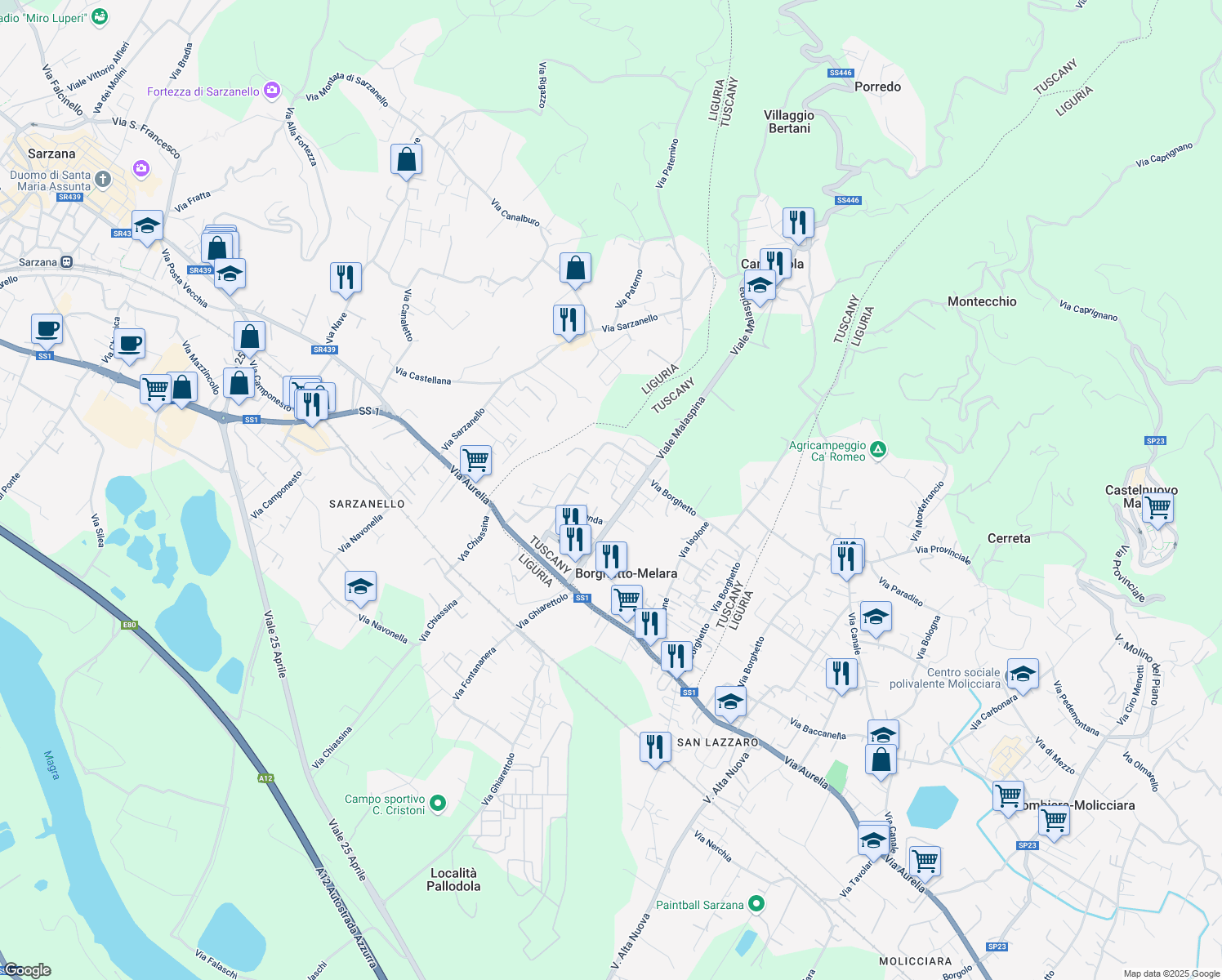 map of restaurants, bars, coffee shops, grocery stores, and more near 61 Viale Malaspina in Borghetto-melara