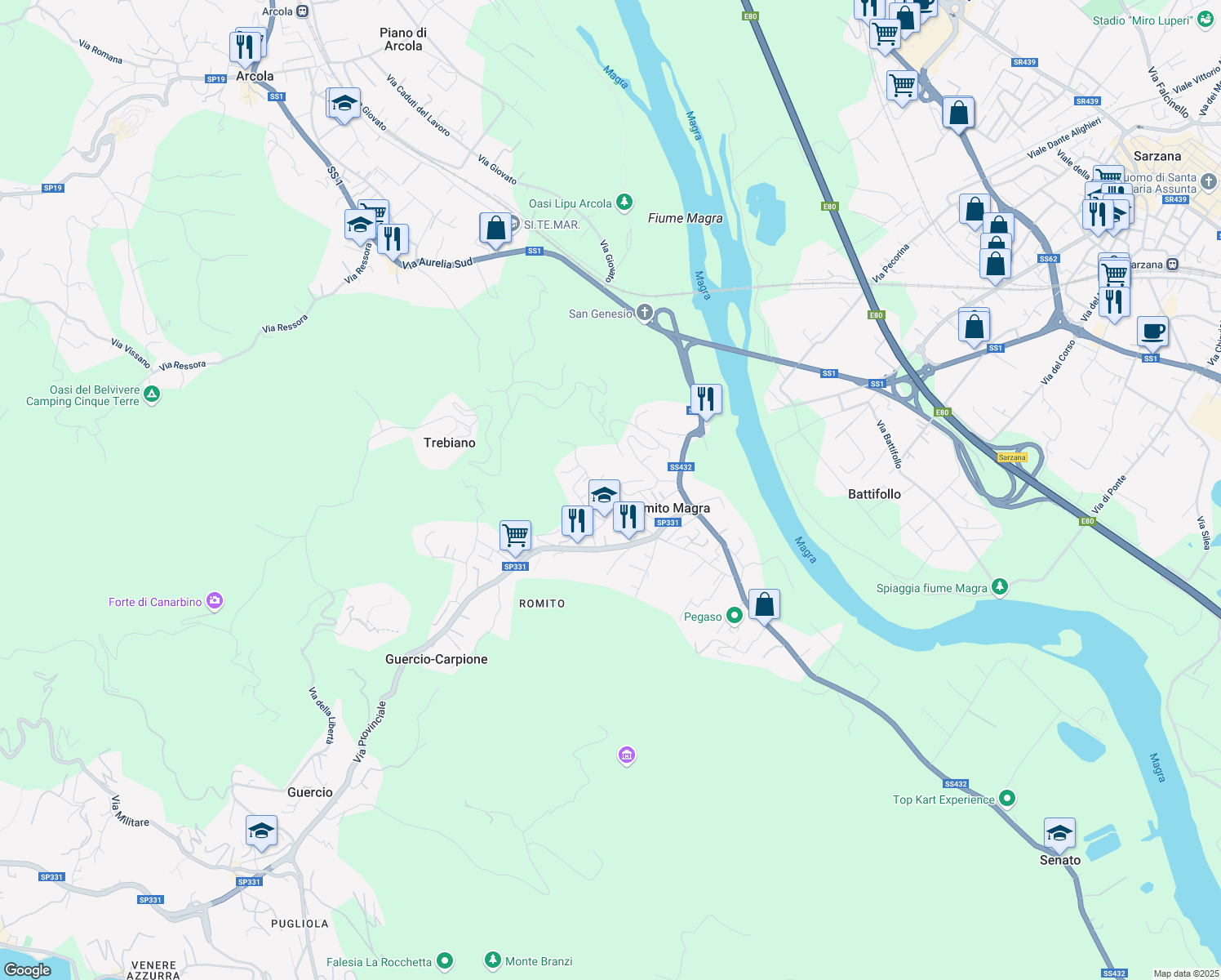 map of restaurants, bars, coffee shops, grocery stores, and more near 25 Via Gaggiola in Romito Magra