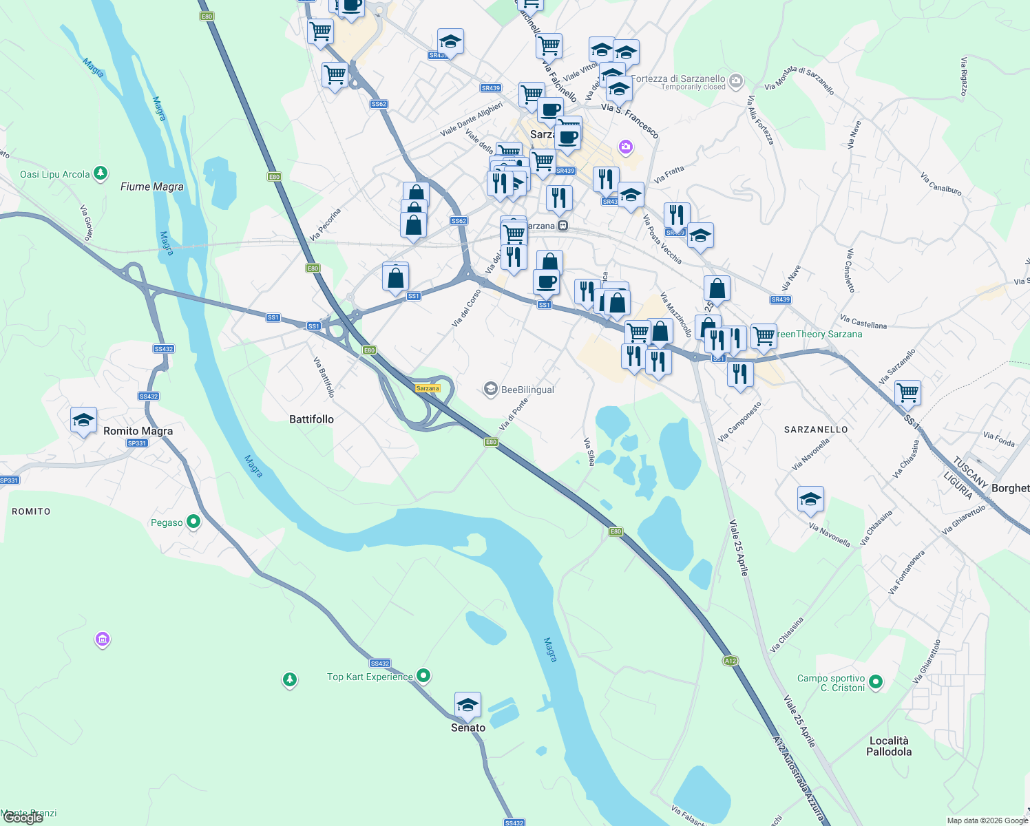 map of restaurants, bars, coffee shops, grocery stores, and more near 28 Via di Ponte in Sarzana