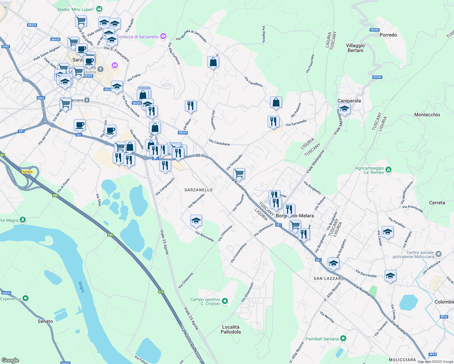 map of restaurants, bars, coffee shops, grocery stores, and more near 3 Via Navonella in Sarzana