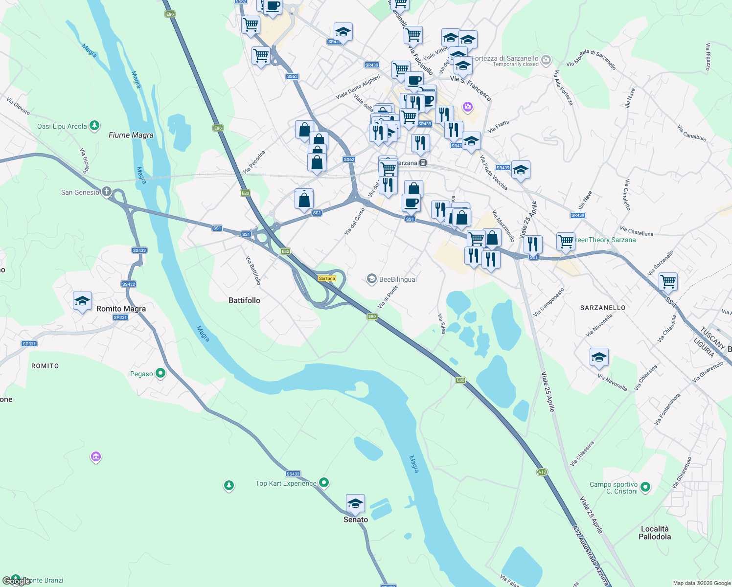 map of restaurants, bars, coffee shops, grocery stores, and more near 82 Via Giuncaro in Sarzana