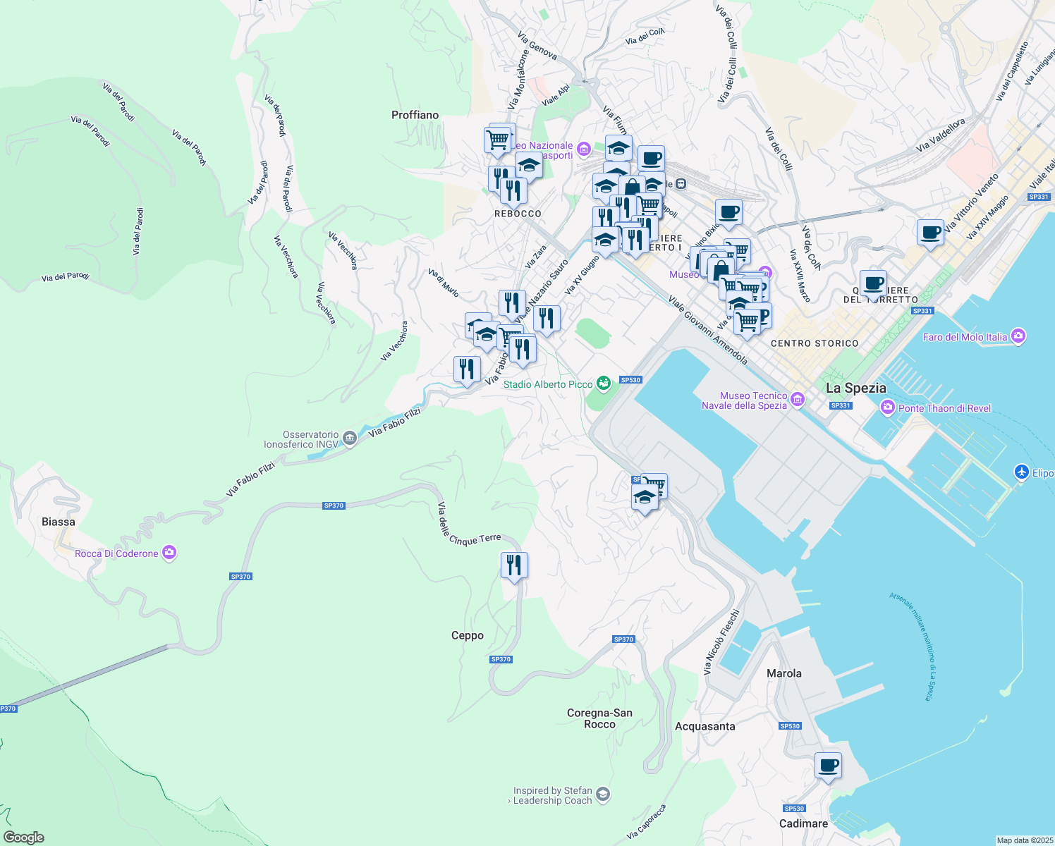 map of restaurants, bars, coffee shops, grocery stores, and more near Via Sant'Andrea in La Spezia