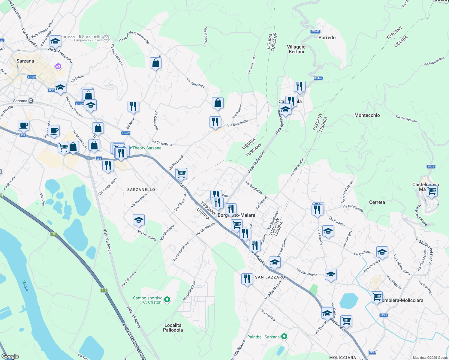 map of restaurants, bars, coffee shops, grocery stores, and more near 13 Via Melara in Borghetto-melara