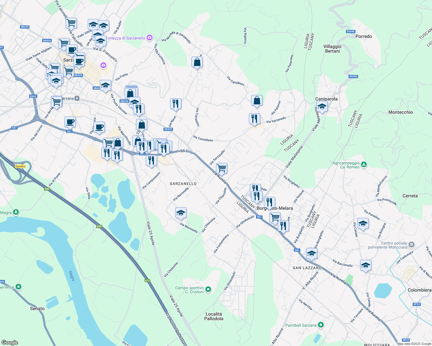 map of restaurants, bars, coffee shops, grocery stores, and more near 186 Via Aurelia in Sarzana