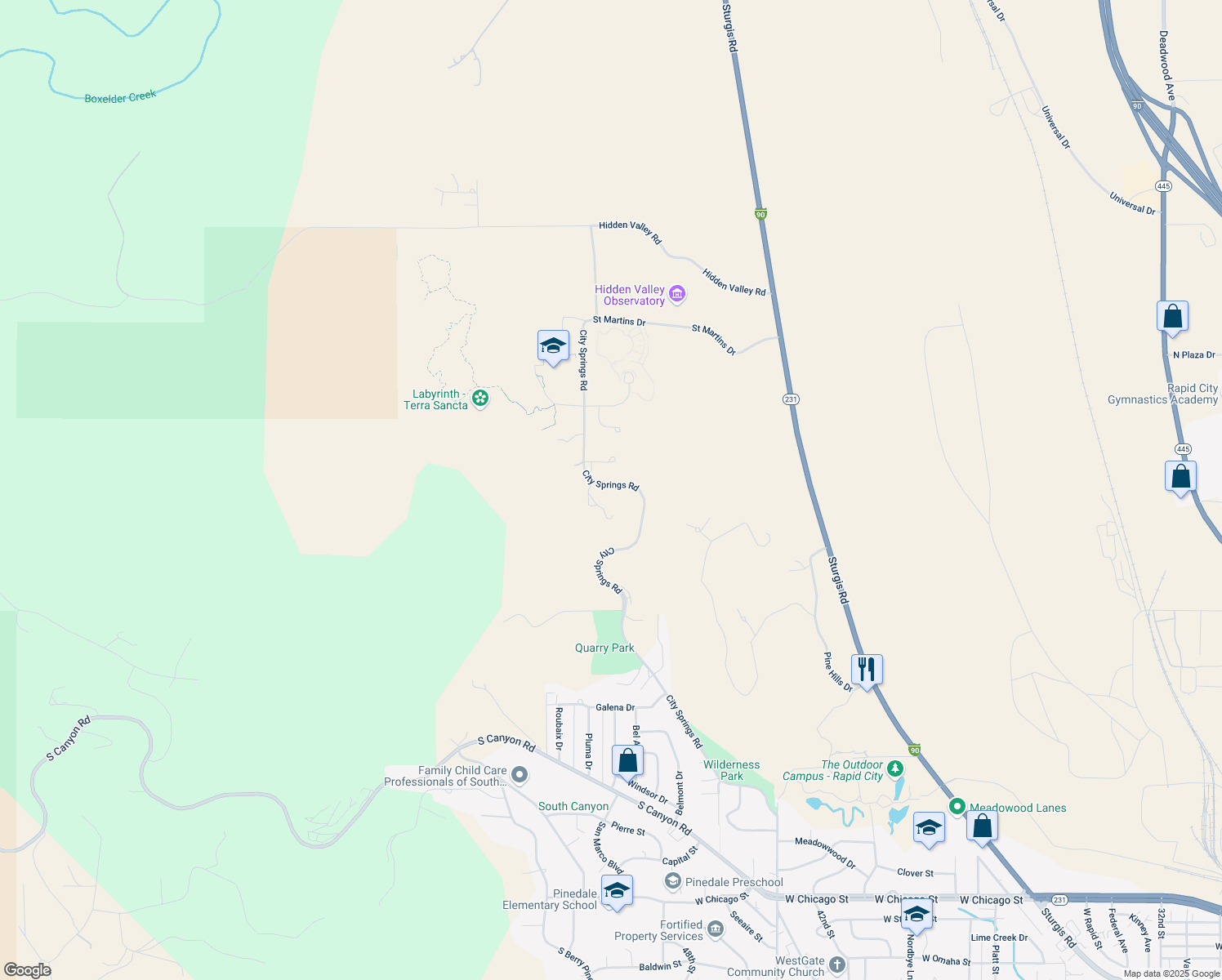 map of restaurants, bars, coffee shops, grocery stores, and more near City Springs Road in Rapid City